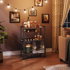 HOOBRO Bar Cart, 3-Tier Coffee Cart with Wheels, Kitchen Cart, Wine Cart with Wine Rack and Glass Holder, Rolling Serving Cart for Home, Living Room, Party, Bar, Rustic Brown and Black BF35TC01G1