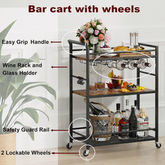 3 Tier Gold Bar Cart for Home, Bar Serving Cart with Wheels, Small Rolling Beverage Cart with Glass Holders, Liquor Cart with Wine Rack for Kitchen Dining Living Room Gold GBC507G