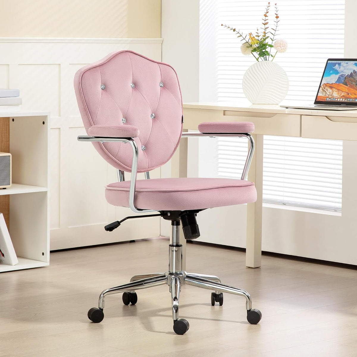 Cute Home Office Chair, Computer Desk Chair with Button Tufted Velvet-Feel Fabric, Swivel Vanity Chair, Adjustable Height and Tilt Function for Bedroom, Office, Dormitory (Cream White+Teddy)