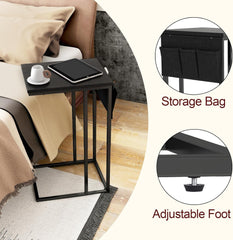 Livofloral C Shaped End Table for Couch, Small Side Table for Sofa With Storage Bag, TV Tray for Living Room, Bedside Table for Bedroom, Snack End Table, Brown