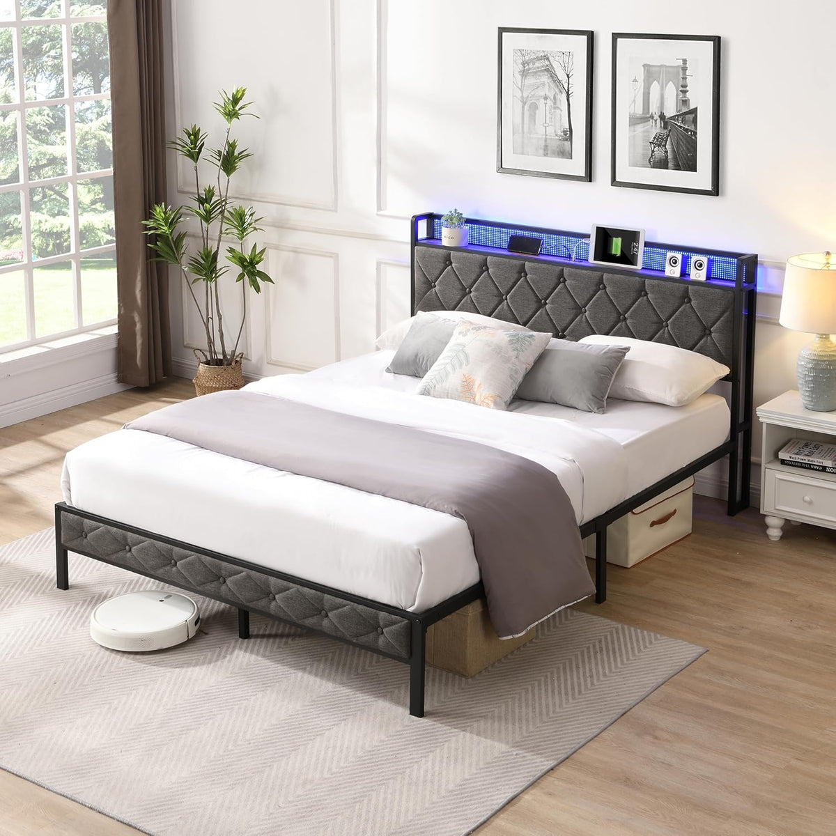 Full Bed Frame with Upholstered Storage Headboard, Heavy Duty Metal Upholstered Platform Bed with Charging Station and LED Lights, No Box Spring Needed, Noise Free, Easy Assembly (Gray, Full)
