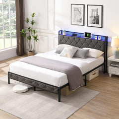 Full Bed Frame with Upholstered Storage Headboard, Heavy Duty Metal Upholstered Platform Bed with Charging Station and LED Lights, No Box Spring Needed, Noise Free, Easy Assembly (Gray, Full)