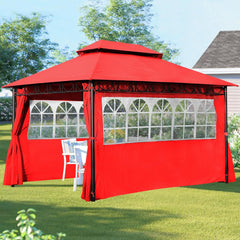 10x13 Gazebos Canopy Tent Double Vent Canopy Gazebo with 2 Sidewalls Translucent Windows Outdoor Heavy Duty Steel Patio Gazebo for Deck Backyard Lawn and Garden (Red)