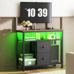 TV Stand Dresser with LED Lights, Entertainment Center with 2 Fabric Drawers and Mesh Shelves, Tall TV Media Console Table, for Living Room, Bedroom, Black and Rustic Brown DS10DBR