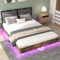 Floating Bed Frame, Full Size Platform Bedframe with Hanging Upholstered Headboard & LED Lights, Industrial Wooden Bed Frames with Metal Slats Support, No Box Spring Needed, Black+Brown (Full)