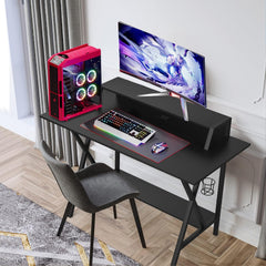 Hysache Gaming Computer Desk w/Cup Holder, Headphone Hook & Built-in Power Strip, Ergonomic Game Table, Home Office Desk Table Gamer Workstation, Black