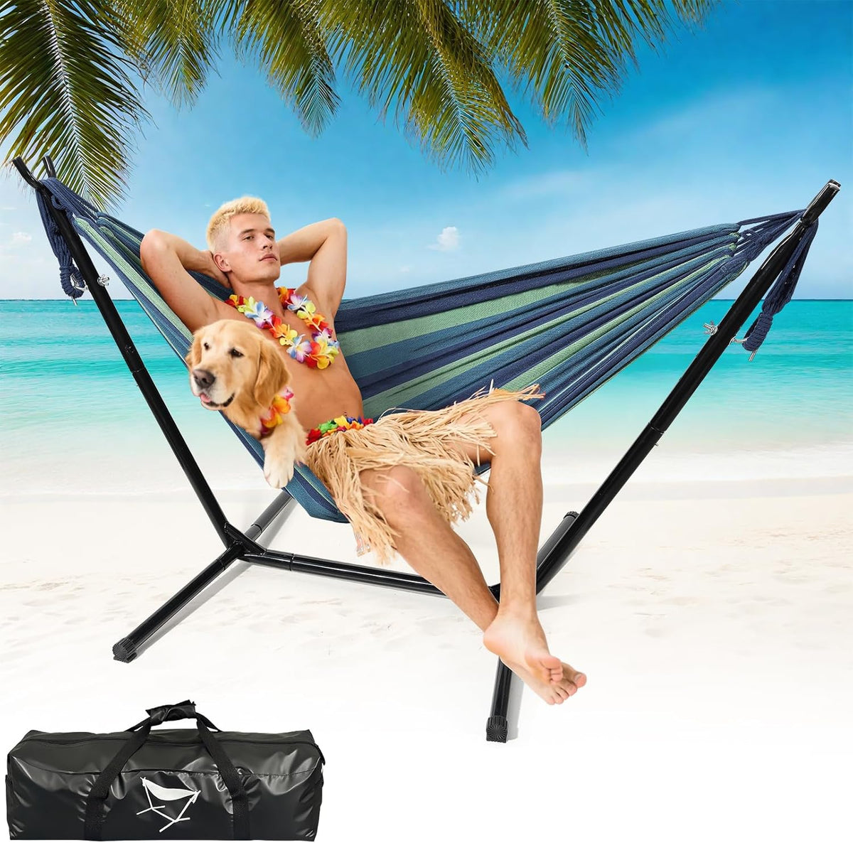 Hammock with Stand for Outside Indoor Heavy Duty Metal Hammock Holds 600lbs Portable Camping Hammock with Carrying Bag for Patio Beach Backyard