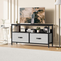 TV Cabinet with 2 Fabric Drawer, Modern Living Room TV Stand, Compact Storage TV Console Table with Open Storage Shelves, Fits TV Up to 45 Inches