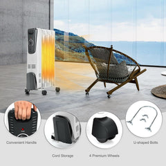 GOFLAME Electric Oil Filled Radiator Heater with Wheels, Portable Space Heater with Adjustable Thermostat, Tip-over & Overheated Protection, Energy Saving Mini Heater for Home and Office, 1500W