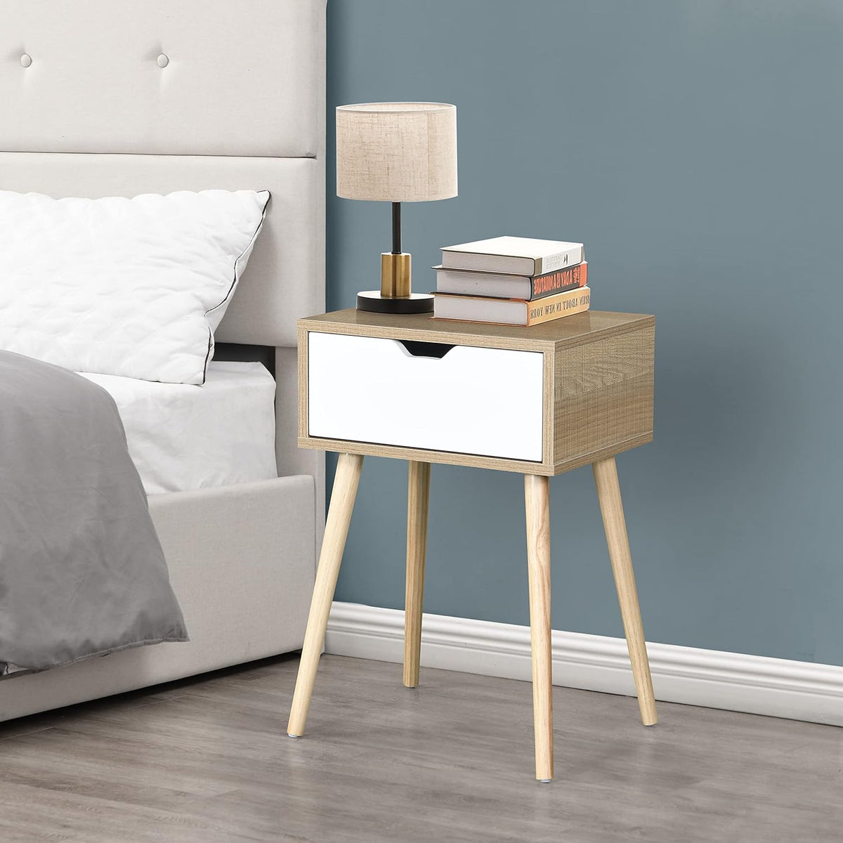 Mid-Century Modern Side Table: White Nightstand with Drawer - Rubber Wood Legs & MDF Top for Bedroom & Living Room - 15.7x11.8x23.6 Inches Easy Assembly Furniture