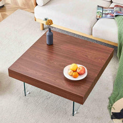 Wood Grain Coffee Table with Faux Wood Desktop, Glass Legs, and Easy-to-Clean Surface, Modern Minimalist Design, 31.5” Square Tabletop, Ideal for Living Rooms or Offices