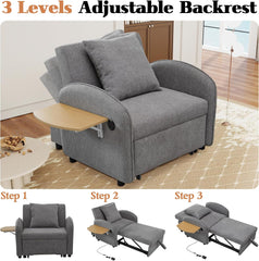 Multifunctional Single Sleep Sofa Chair Bed for Adults, Sleeper Pull Out Chair Bed with USB Port & Foldable Table & Adjustable Backrest for Living Room, Bedroom, Apartment (Grey)