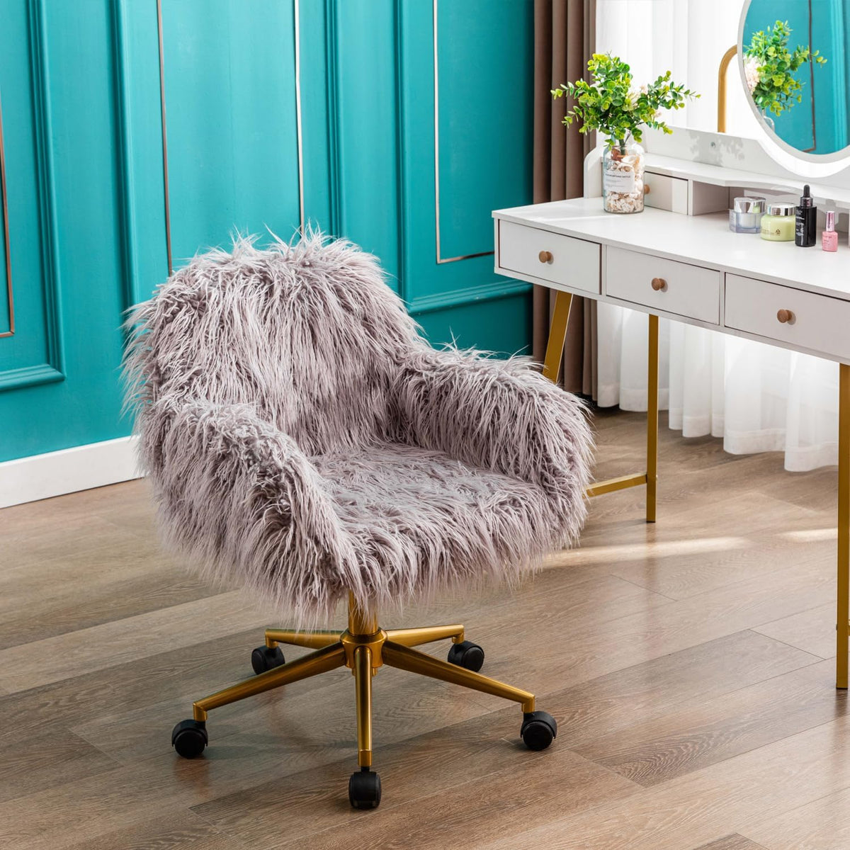 Modern Faux Fur Home Office Chair, Modern Swivel Armchair with Wheels for Women Girls, Vanity Chair with Gold Plating Base(Grey)