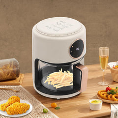 Airy Fryer, 3.8Qt 1200W Glass Air Fryer, 8-in-1 Functions, 360° Viewable, Digital Display, Adjustable Temp 80℃~200℃(176F-392F), 60 Min Timer (White)