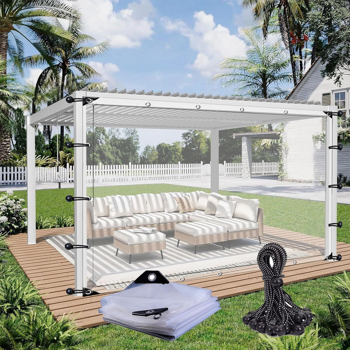 Curtains for Gazebo, 0.12mm Pergola Waterproof Side Panels Translucent Tarp with Eyelets and Elastic Rope DTVEW (Color : Clear, Size : 22.96x9.84'/7x3m)