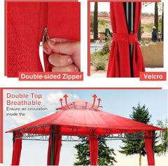 10x13 Gazebos Canopy Tent Double Vent Canopy Gazebo with 2 Sidewalls Translucent Windows Outdoor Heavy Duty Steel Patio Gazebo for Deck Backyard Lawn and Garden (Red)