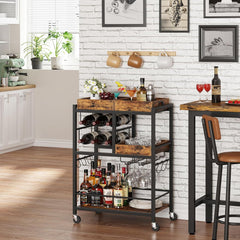 TUTOTAK Bar Cart, Home Bar Serving Cart, 3-Tier Kitchen Cart on Wheels, Rolling Beverage Cart with Wine Rack and Glass Holder, Black BC01BK037