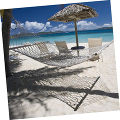 POPETPOP Single Person Outdoor Hanging Bed Hammock with Wood Frame and Cotton Rope Firm Camping Mesh Swing for Indoor and Outdoor Relaxation Beige