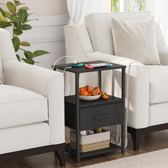 TUTOTAK Nightstand, Night Stand with Charging Station, End Table, Bedside Table with Fabric Drawer, for Livingroom and Bedroom, Black TB01BK069