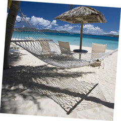 Outdoor Hanging Bed Swing with Solid Wood Frame and Cotton Rope Practical Single Camping Hammock for Backyard Balcony Relaxation Beige