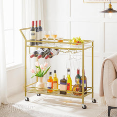 HOOBRO Bar Cart for The Home, 2-Tier Kitchen Cart with Wine Rack and Glass Holder, Serving Cart with Wheels and Guard Rails for Dining Room, Living Room, Party, Bar, Gold GD11TC01