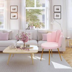 Vanity Chair for Makeup Room, Makeup Vanity Chair with Petal Shape, Nordic Style Velvet Chair with Back Support, Golden Legs for Living Room Bedroom Home Office Chair, Computer Pink