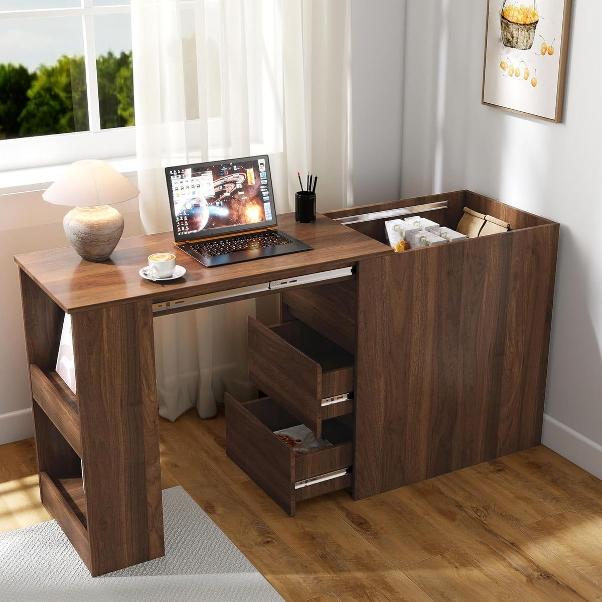 ZeHuoGe Computer Desk with Drawers, Modern Corner Home Office Storage with extendable Table, Study Writing Desk Workstation for Home,Office