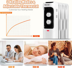 COSTWAY Oil Filled Radiator Heater, 1500W Electric Oil Heater with 3 Heating Mode, Adjustable Thermostat, Tip-Over & Overheat Protection, Portable Space Heater for Indoor Use Home Office, Black