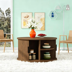 Round Coffee Table with Storage,31.5" Fluted Coffee Table with 360° Curved Sliding Door,Farmhouse Fluted Wood Accent Coffee Table for Living Room, Walnut