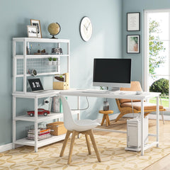 LITTLE TREE L-Shaped Computer Desk 55 Inch Reversible Office Desk Study Writing Table with Wireless Charging and Bookshelf for Home Office