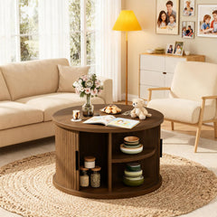 Round Coffee Table with Storage,31.5" Fluted Coffee Table with 360° Curved Sliding Door,Farmhouse Fluted Wood Accent Coffee Table for Living Room, Walnut