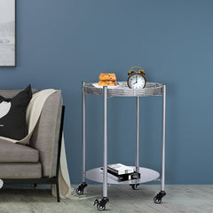 Round Coffee Table with Wheels, 2-Tier Movable Side Table in Silver Gray with Detachable Metal Frame, Perfect for Living Room Organization, Bedroom Nightstand Use, and Balcony Plant Display