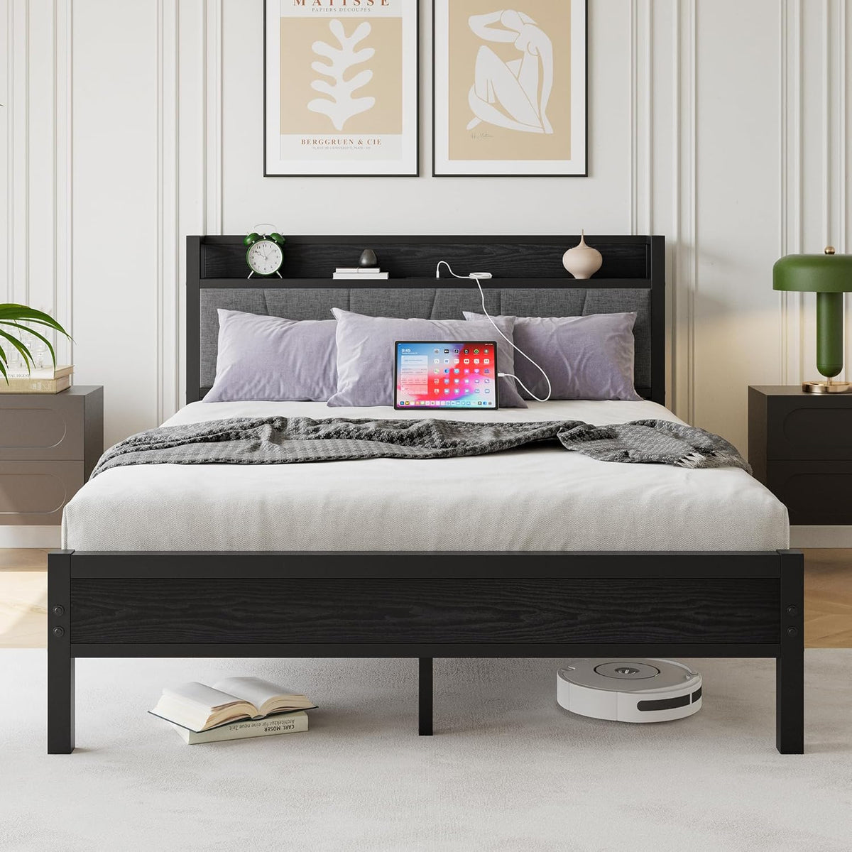 Queen Size Bed Frame, Platform Bed with Charging Station, Heavy Duty Metal Bedframe with Headboard and Footboards, No Box Spring Needed, Sturdy and Noise-Free (Black, Twin)