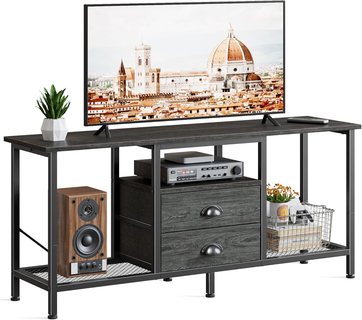 Furologee TV Stand with 2 Fabric Drawers, 43 Inch Entertainment Center with Open Storage Shelves, Media Console Table for Bedroom, Living Room, Rustic Brown