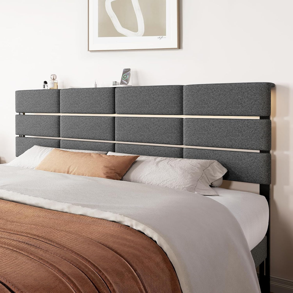 Full/Queen Size Upholstered Headboard, Adjustable Head boards with LED Light & Charging Station, Bed Headboard Only, Attach Frame, Study & Comfortable, Ideal for Bedroom, Dorm, Guest Room, Dark Grey