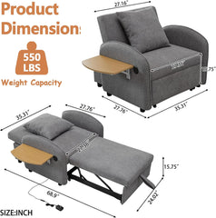 Multifunctional Single Sleep Sofa Chair Bed for Adults, Sleeper Pull Out Chair Bed with USB Port & Foldable Table & Adjustable Backrest for Living Room, Bedroom, Apartment (Grey)