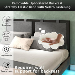 Queen Size Floating Bed Frame with Upholstered Headboard, Metal Platform Bedframe with LED Lights, Heavy Metal Slat Support, No Box Springs Required, Easy to Assemble (Black+Brown, Queen)