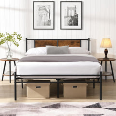 Black Full Size Bed Frame with Wood Headboard, Heavy Duty Metal Platform Bed with Storage Space for Bedroom, No Box Spring Needed, Easy Assembly (Full)