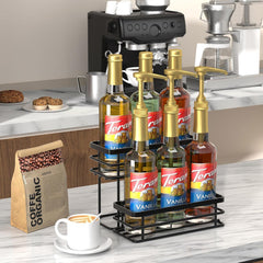 Bar Cart for The Home, 3 Tier Kitchen Carts with Wheels, Small Rolling Cart with Glass Holders, 6 Bottle Coffee Syrup Organizer Rack, 2 Tier Spice Rack Organizer