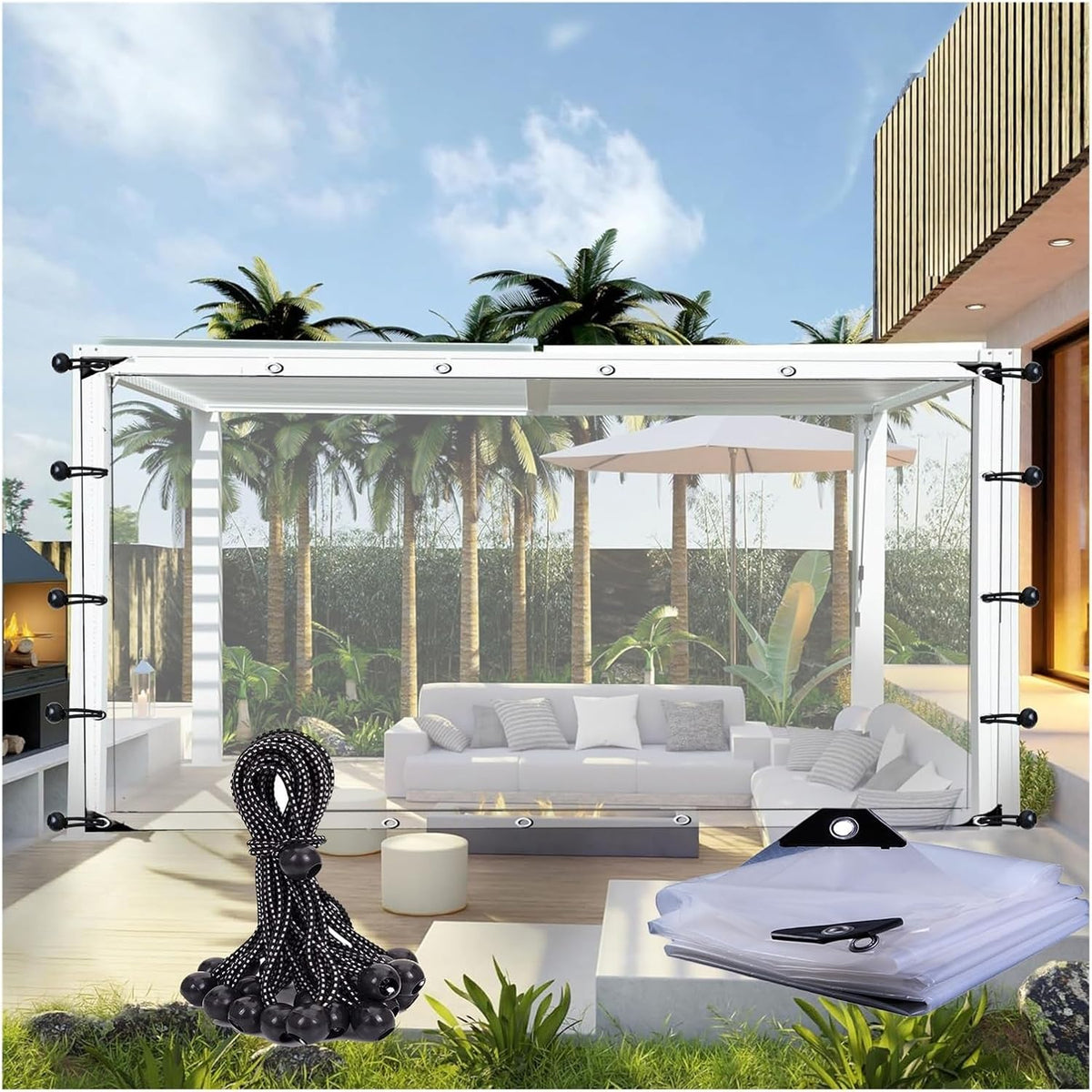 Gazebo Curtains Waterproof, 0.12mm Pergola Waterproof Side Panels Translucent Tarp with Eyelets and Elastic Rope DTVEW (Color : Clear, Size : 22.96x9.84'/7x3m)