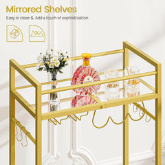 Bar Cart, Serving Cart for Home, Microwave Cart, Drink Cart, Wine Cart with 2 Mirrored Shelves, Wine Holders, Glass Holders, for Kitchen, Dining Room(Gold)