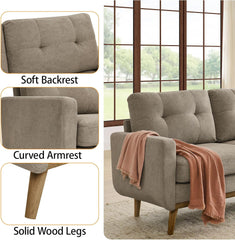 67.7" Mid-Century Modern Loveseat Sofa, 2-Seat Mini Upholstered Love Seat Couch, Comfy Small Couch with Wooden Legs and Tufted Back for Living Room Bedroom Office Apartment(Khaki)