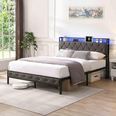 LED Bed Frame, Full Bed Frame with Storage Headboard, Upholstered Platform Bed with Charging Station, Lights, Heavy Metal Slats, No Box Spring Needed, Noise Free, Easy Assembly, Gray