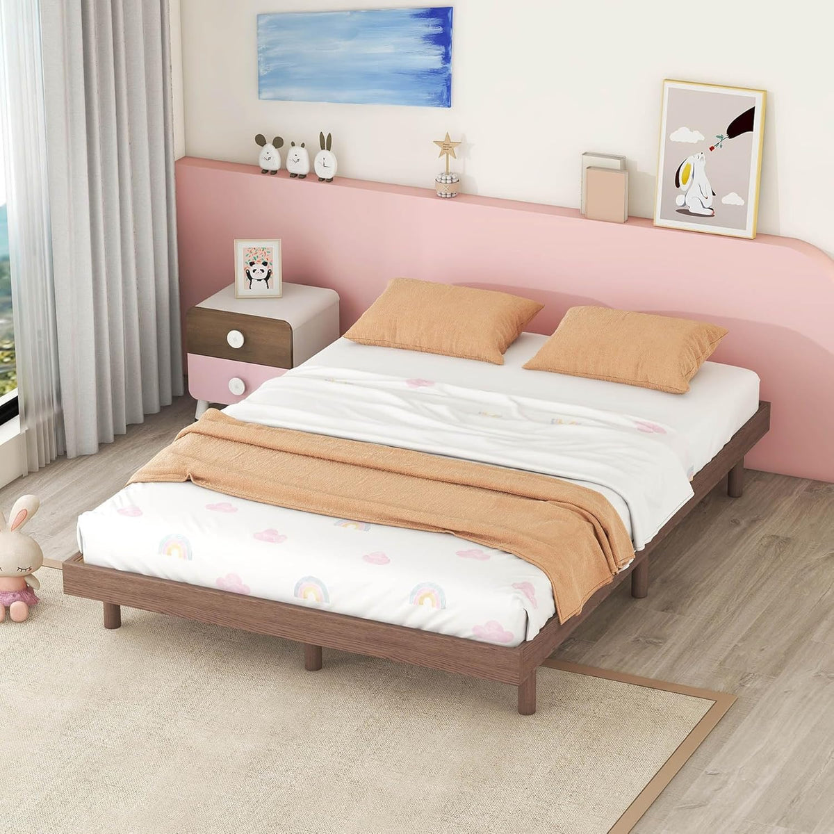 Modern Wood Full Size Floating Platform Bed Frame - Heavy Duty Bed Frame for Bedroom, 600lb Capacity, No Box Spring Needed, Easy Assembly, Space-Saving Design, (Grey, Full)