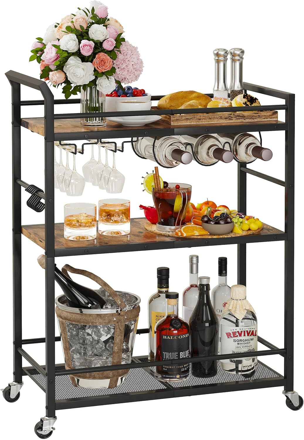 3 Tier Gold Bar Cart for Home, Bar Serving Cart with Wheels, Small Rolling Beverage Cart with Glass Holders, Liquor Cart with Wine Rack for Kitchen Dining Living Room Gold GBC507G