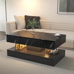 35.31" LED Coffee Table with Unique Architectural Shape, Modern 2 Tiers White Center Table with LED Light, Faux Marble Stickers Cocktail Tea Accent Table for Living Room