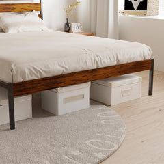 Queen Size Metal Bed Frame with Wood Headboard & Footboard Simple and Sturdy Metal Platform Bed, Storage Space Under The Bed, No Box Spring Required, No Noise, Easy to Install (Black+Brown)