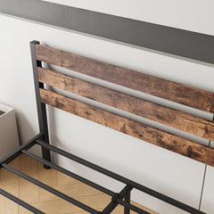 Rustic Queen Size Metal Platform Bed Frame/Mattress Foundation with with Vintage Wooden Headboard,Strong Slats Support,No Box Spring Needed (Brown, Queen)
