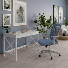 Farmhouse Writing Desk 47 Inch White Finish Modern Rustic Office Table Sleek Minimalist Home Workstation Compact Computer Desk Durable Wood Surface for Study Bedroom or Creative Studio