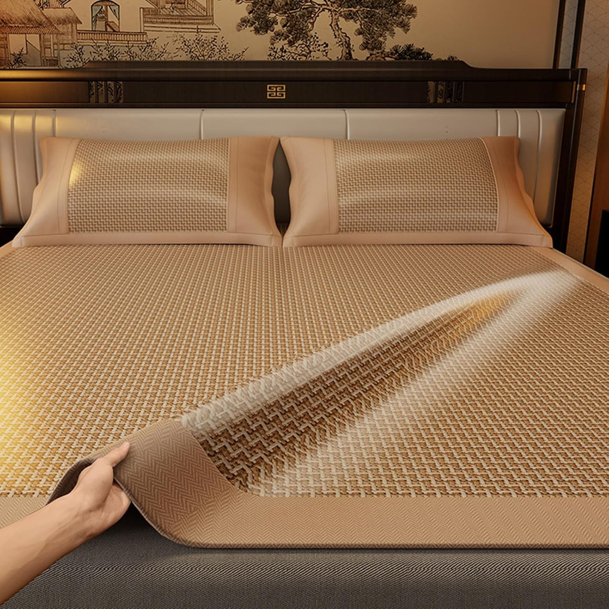 Foldable Double Sided Bamboo Mat for Bed - Bamboo Sleeping Mat Woven Rattan Surface + Ice Silk Surface Double-Sided Cool Bedroom Essential for Summer,Green,Full/1.2x1.9m